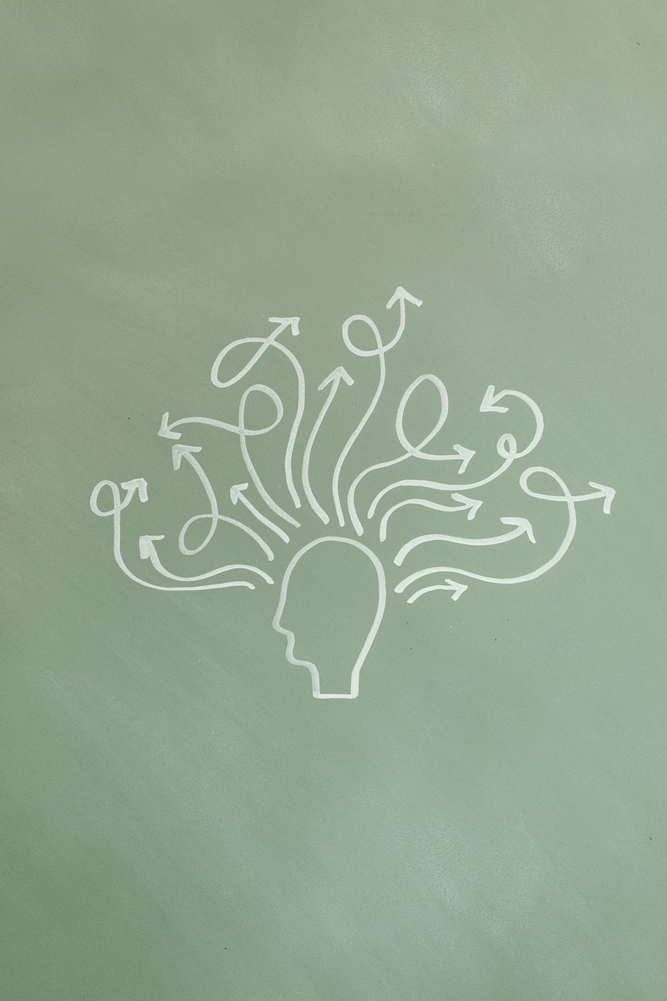 Abstract illustration symbolizing mental health and ADHD awareness with arrows representing thoughts.